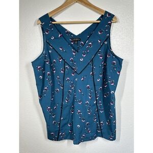 Lane Bryant Tank Top Womens 14 Blue Floral Sleeveless V Neck Blouse Lace Trim